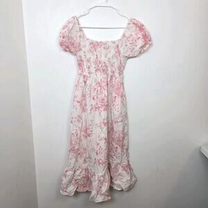 Lapogee Pink‎ White Floral Smocked Puff Sleeve Cottagecore Midi Dress Size Small